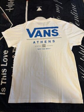 Vans White Short Sleeve Tee with Blue Logo - Athens Graphic